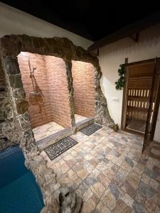 a stone bathroom with a shower in a building at Дикий Кіт in Vorokhta