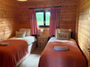 a bedroom with two beds in a log cabin at Brynmeini Lake Lodge in Glogue Station +9 photos