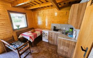 a kitchen with a table and a sink in a cabin at Chata Huta in Muránska Huta