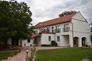 a white house with a red roof and a yard at Boutique Hotel LuDo in Makó