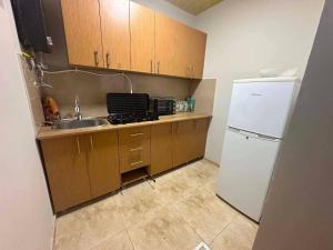 a kitchen with a sink and a white refrigerator at Cozy home racha in Ambrolauri