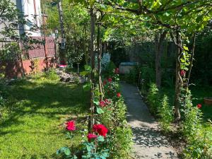 a garden with red flowers and a pathway at Cozy home racha in Ambrolauri