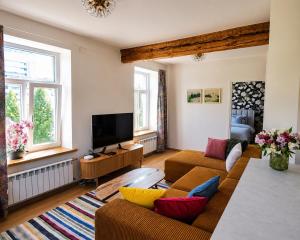 a living room with a couch and a tv at Katariina allee korter in Võru