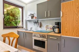 a kitchen with a stove and a sink and a window at Ferienwohnung Schnucki Lautenthal in Lautenthal