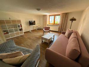 a living room with a couch and a tv at Vidiecky domček in Pohronská Polhora