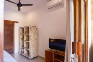 a living room with a television and a book shelf at Amed Sudi House in Amed