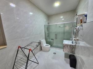 a bathroom with a shower and a toilet and a sink at Heart of Jerash in Jerash +12 photos