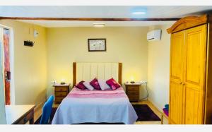 a bedroom with a bed with red pillows on it at Casa Gracia in Granda