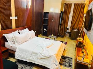 ein Hotelzimmer mit Bett und Fernseher in der Unterkunft Complexe NESSA SARL in Jaunde