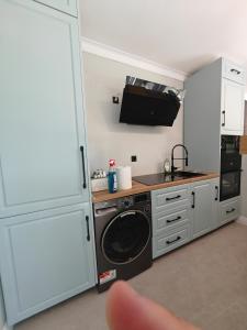 a kitchen with a washer and dryer in a room at The Cube in Sibiu