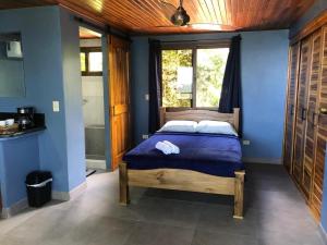 a bedroom with a bed with blue walls and a window at Club Fred in Punta Mala