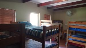 a bedroom with two bunk beds and a window at Karoo Saloon in Barrydale