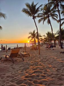 a beach with chairs and palm trees at sunset at Viva paradise in Punta Cana