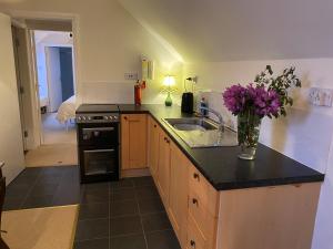 a kitchen with a sink and a vase of flowers on a counter at Perfect for two close to Kenmare in Kenmare