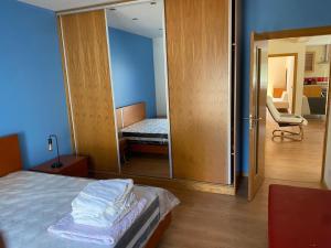 a bedroom with a bed with a mirror and a door at Vale Do Gavim, Moitas in Trancoso