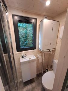 ein Badezimmer mit Toilette, Waschbecken und Fenster in der Unterkunft Tiny House in Weismes