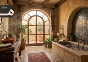 a large bathroom with a tub and a large window at Beit Madaba in Madaba