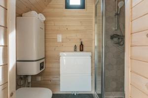 ein kleines Badezimmer mit Toilette und Dusche in der Unterkunft Tiny House in Weismes
