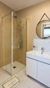 a bathroom with a shower and a sink and a mirror at Beau Regard in Tournus