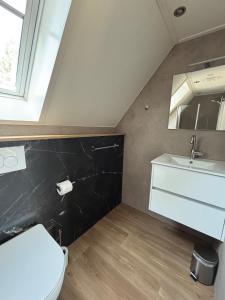 a bathroom with a white toilet and a sink at Lodge Wieringen in Hippolytushoef