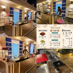 a collage of four pictures of a chef preparing food at New Coast Chalets -K77 in Dawwār Muḩammad Abū Shunaynah