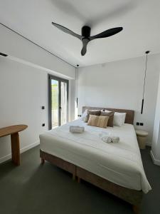 a bedroom with a large bed with a ceiling fan at Almond Chambers in Naousa