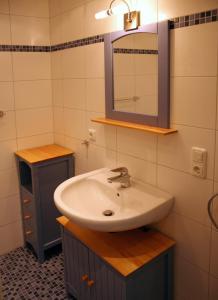 een badkamer met een wastafel en een spiegel bij Apartment Strandkate Wohnung Strandhafer in Börgerende-Rethwisch
