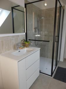 ein Badezimmer mit weißem Waschbecken und Dusche in der Unterkunft adoreu in Dinant