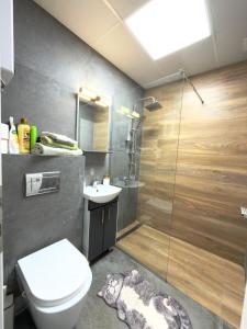 a bathroom with a toilet and a sink and a shower at Apartmani N&D in Kumanovo