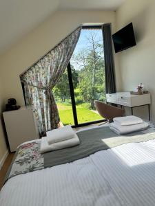 a bedroom with a bed with a large window at Szum Rzeki - Noclegi nad Brdą - Bory Tucholskie in Nadolna Karczma