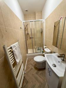 a bathroom with a shower and a toilet and a sink at Prime location Clifton 2 bed self contained spacious garden apartment in Bristol +27 photos