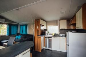 a small kitchen and living room in a caravan at Tiny House Kleinrettbach 