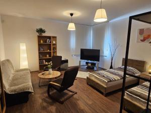 a living room with a couch and a tv at Studio Hálkova in Chlumec nad Cidlinou