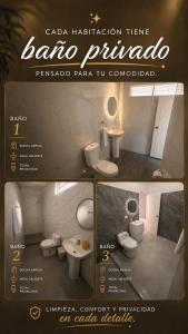 two pictures of a bathroom with two toilets and a sink at Hotel Luna Del Rio in Puerto Salgar +21 photos