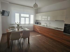 a kitchen with a table and chairs in a room at Studio Hálkova in Chlumec nad Cidlinou