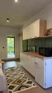 a kitchen with white cabinets and a rug at Molfar green 