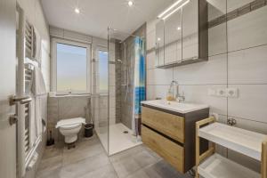 a bathroom with a toilet and a sink and a shower at Kaprun Apartments in Kaprun +59 photos