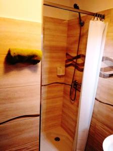 a shower with a glass door and a yellow towel at Tulipán Apartmanház in Bük