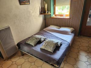 a bed in a room with two pillows on it at Les Souchottes, charmante maisonnette in Bulligny +20 photos