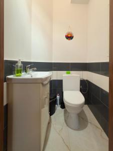 a bathroom with a white toilet and a sink at Bracka Dom in Pabianice +10 photos