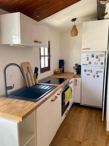 a kitchen with a sink and a refrigerator at Downtown apartment in Marseille