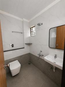 a bathroom with a toilet and a sink and a mirror at Nakshatra Boarding and Lodging in Mangalore International