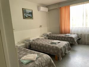 a hospital room with three beds and a window at Asikkalan Motelli in Vesivehmaa