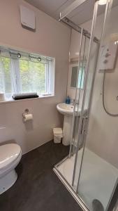a bathroom with a shower and a toilet and a sink at 1 Bedroom Cabin with Mountain & Loch Views - Quiet Location between Glencoe & Ben Nevis in Corran +16 photos