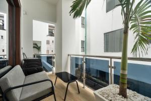 a living room with a couch and a palm tree at Yaniv Apartments Oniru in Lagos