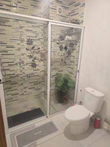 a bathroom with a toilet and a glass shower at Beach 2 Min - Bright Central Studio - AC in Santa Maria +20 photos