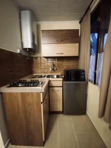a small kitchen with a stove and a sink at Bungalow Park Balatonboglár in Balatonboglár
