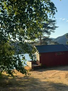 a red building with a bench in front of it at Longerak Camping in Bygland +14 photos