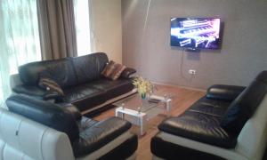 a living room with black leather furniture and a flat screen tv at Buljarica Bay Apartments in Petrovac na Moru