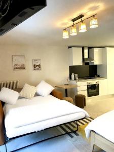 a bedroom with two beds and a kitchen at Cosy studio dans un quartier animé et pittoresque in Fribourg